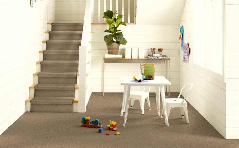 beige carpet stair treads leading down to kids playroom